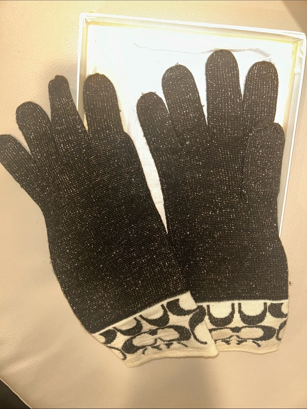 Coach Black Lurex Knit Gloves with Signature Pattern Cuffs - Picture 4 of 11